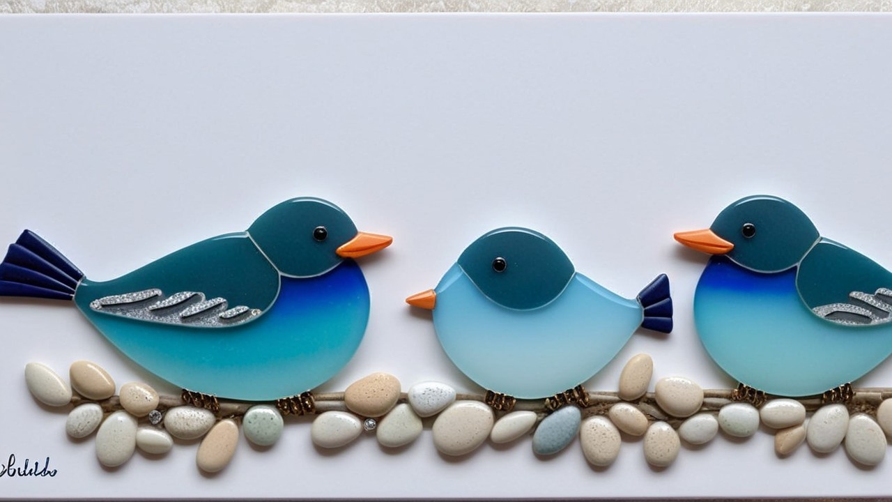 Elegant Glass Birds on Pebble Branch Close-Up