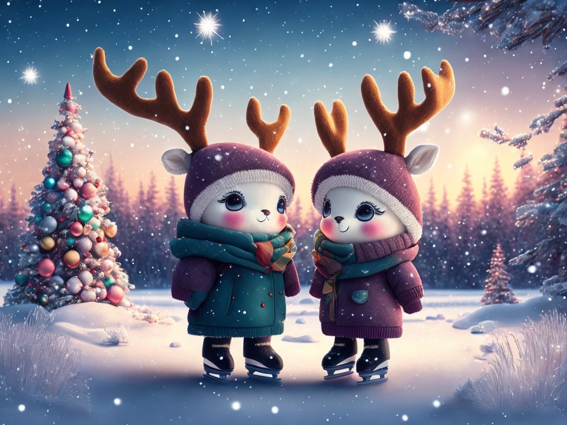 Chibi Deer Ice Skating in Winter Wonderland Scene