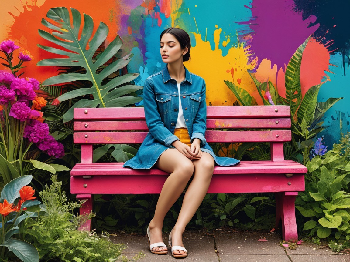 Young woman on pink bench in vibrant garden setting