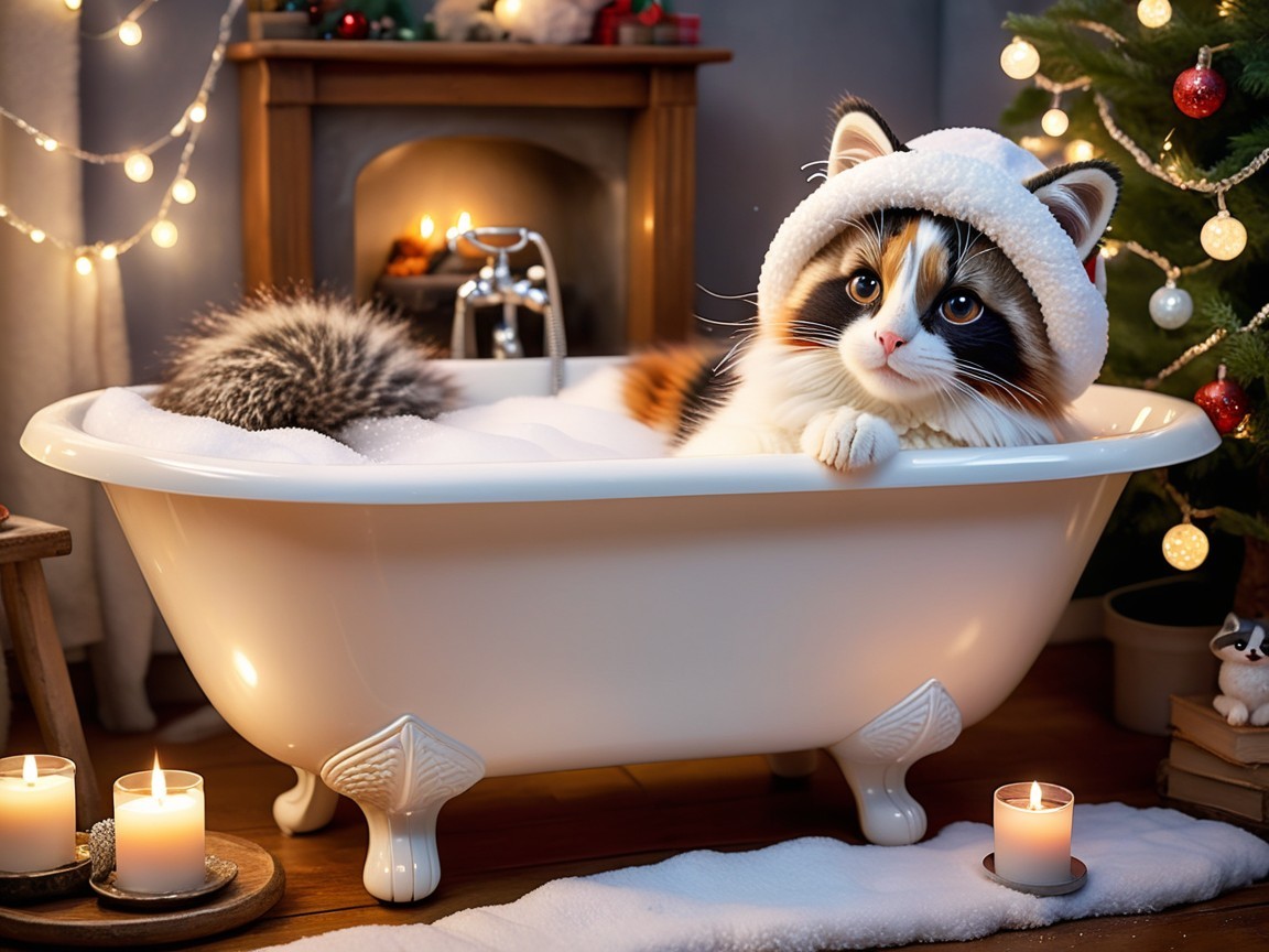 Calico Cat in Santa Hat in Antique Bathtub with Bubbles