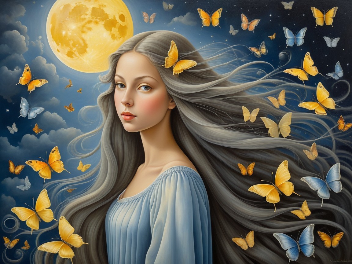 Serene Scene of a Young Woman with Silver Hair