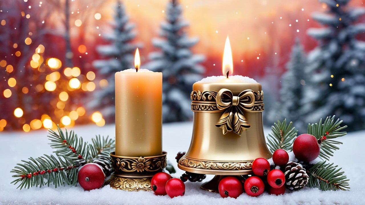 Festive Winter Scene with Candles and Snowy Background