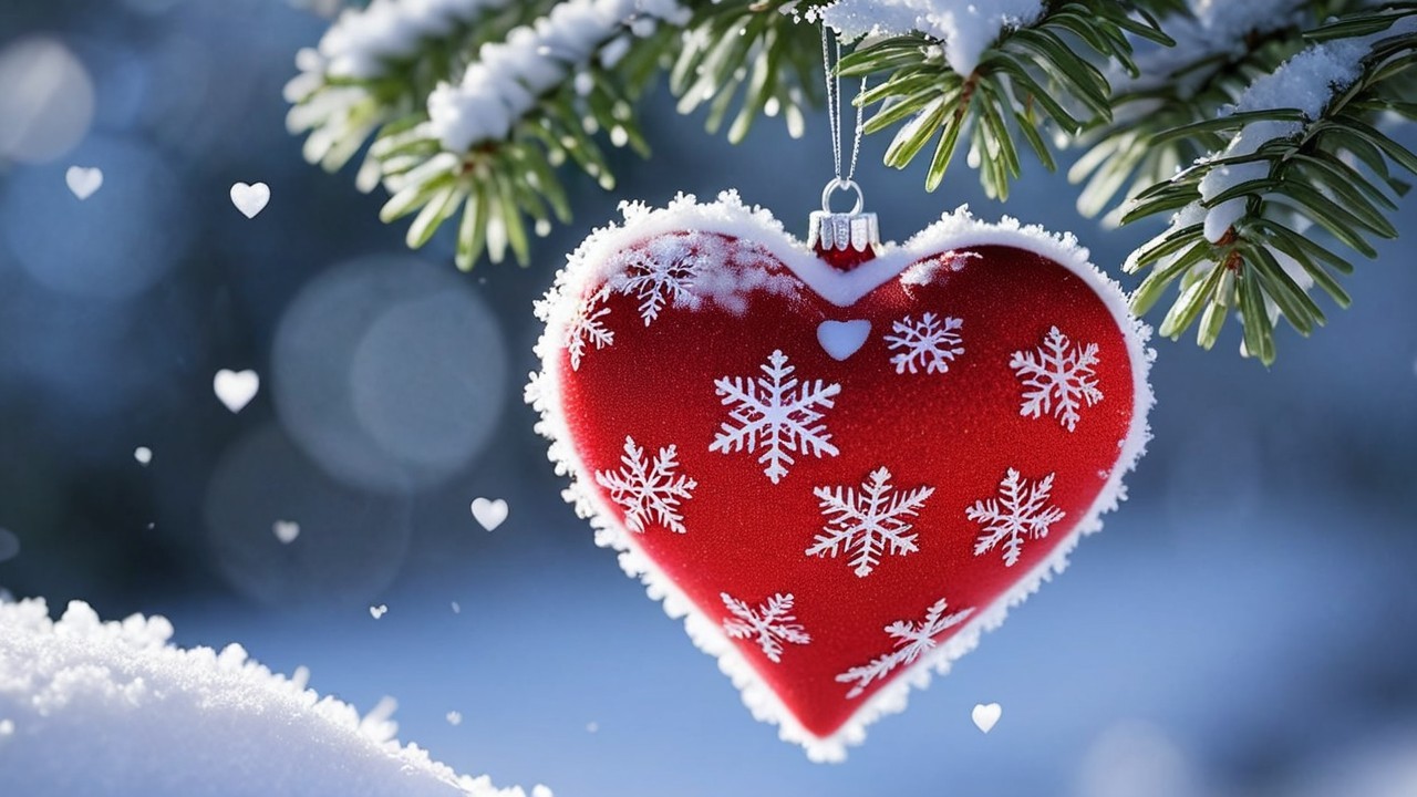 Red Heart Ornament on Snowy Evergreen Branch
