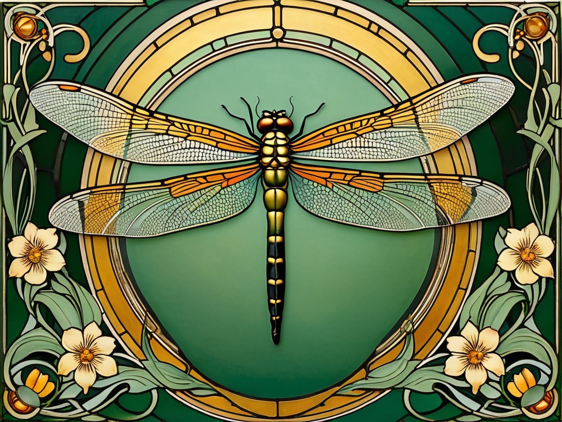 Vibrant Art Nouveau Stained Glass Dragonfly Design