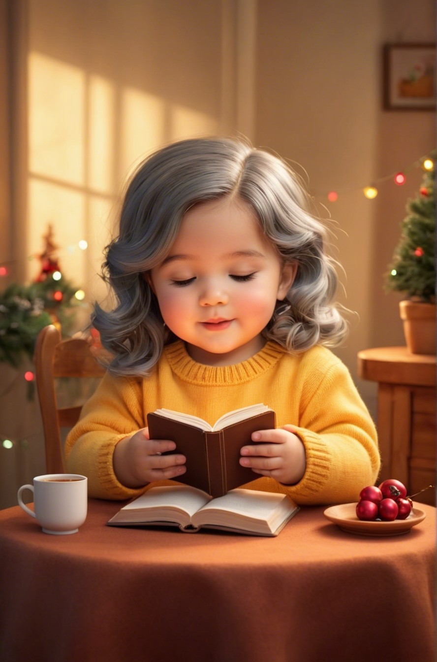 Toddler Reading at Table with Books and Cherries