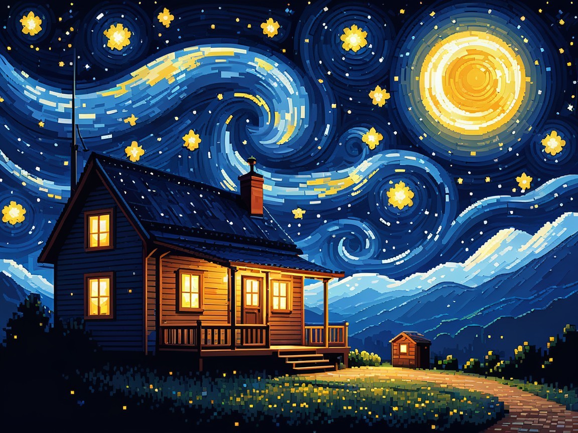 Cozy Pixel Art Cabin Under a Vibrant Night Sky