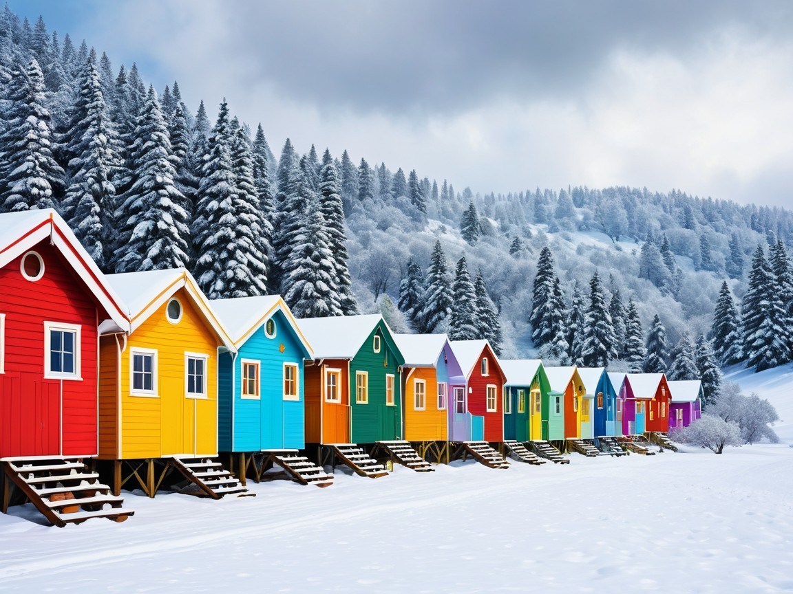 Colorful Cabins Amidst Snowy Pine Trees Landscape