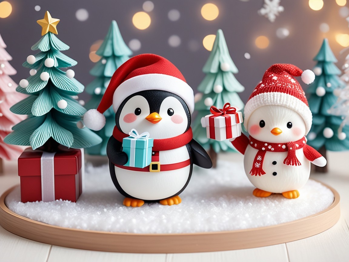 Kawaii Plushie Christmas Penguin and Snowman Characters