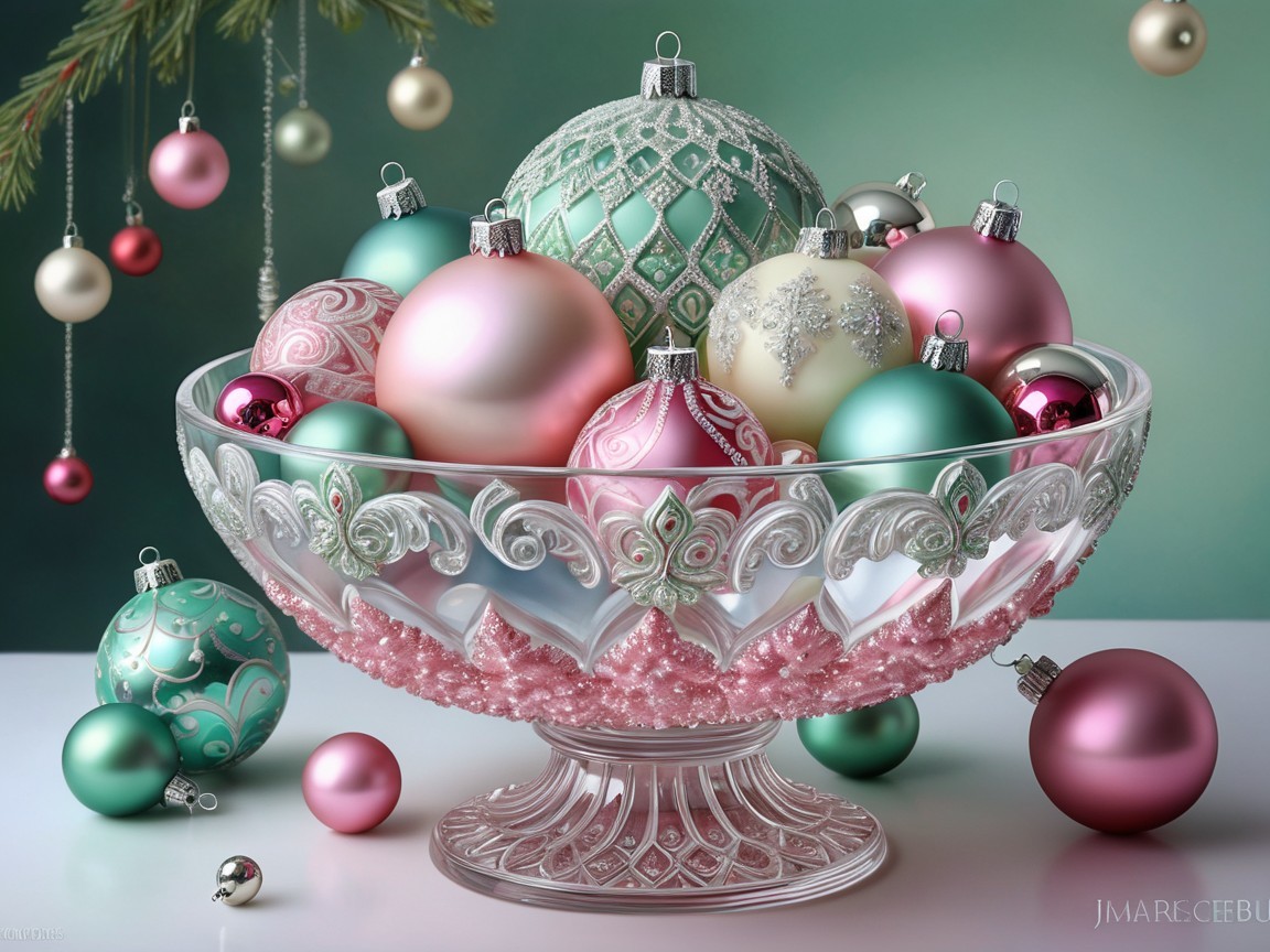 Crystal Footed Bowl Filled with Colorful Christmas Baubles