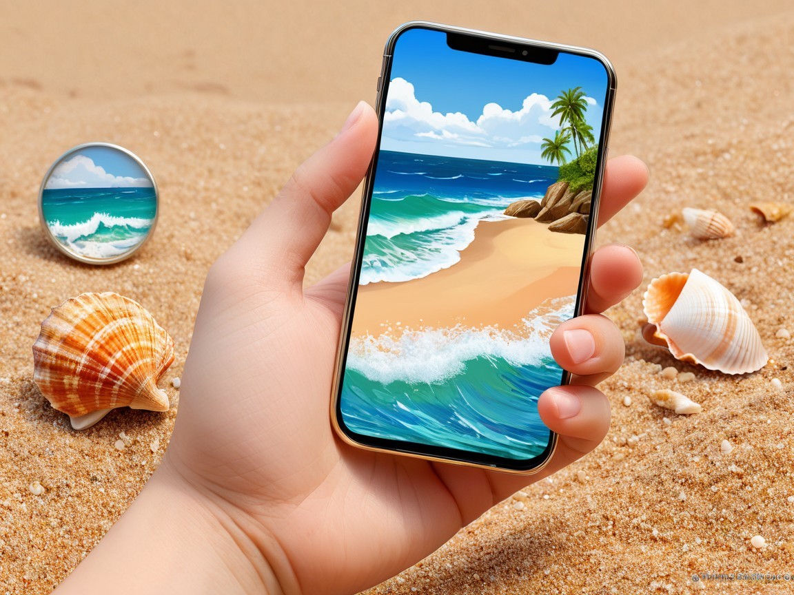 Smartphone Displaying Vibrant Beach Scene with Seashells