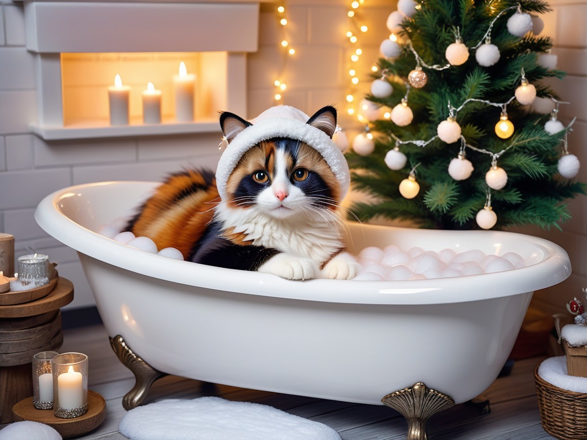 Calico Cat in Santa Hat in Vintage Bathtub Scene