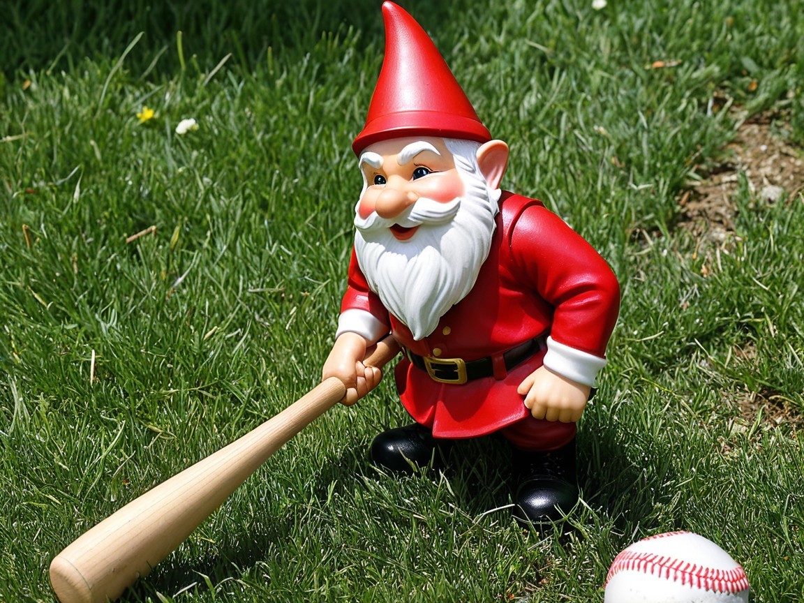 Ceramic garden gnome with baseball bat on green grass