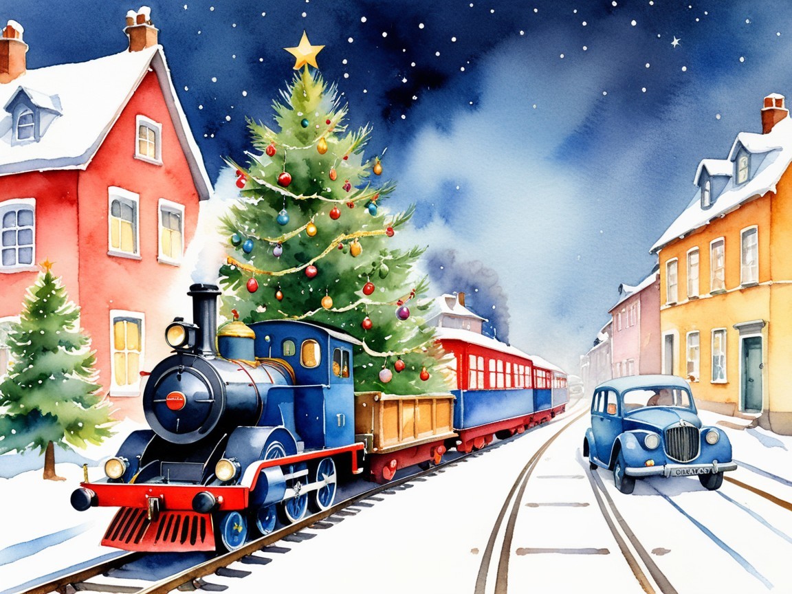 Cozy Christmas Night Scene with Vintage Blue Train