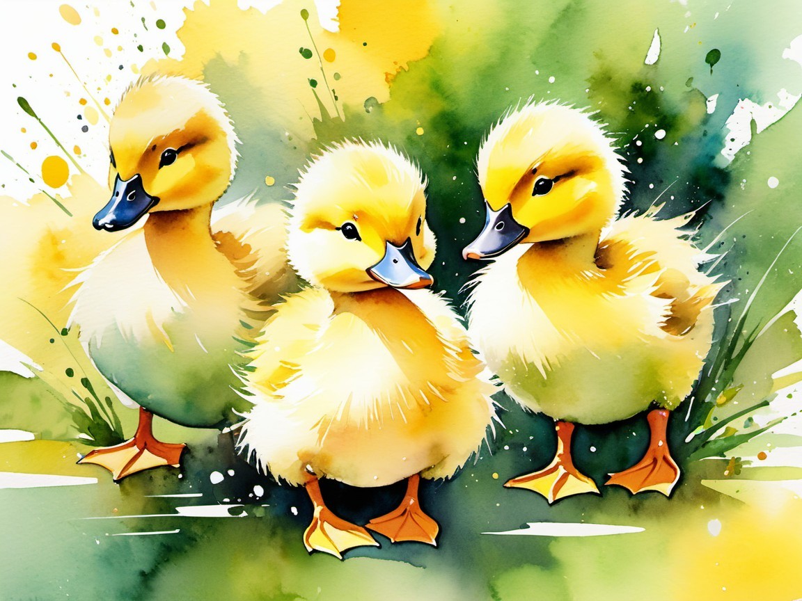 Watercolor Painting of Three Yellow Ducklings on Grass