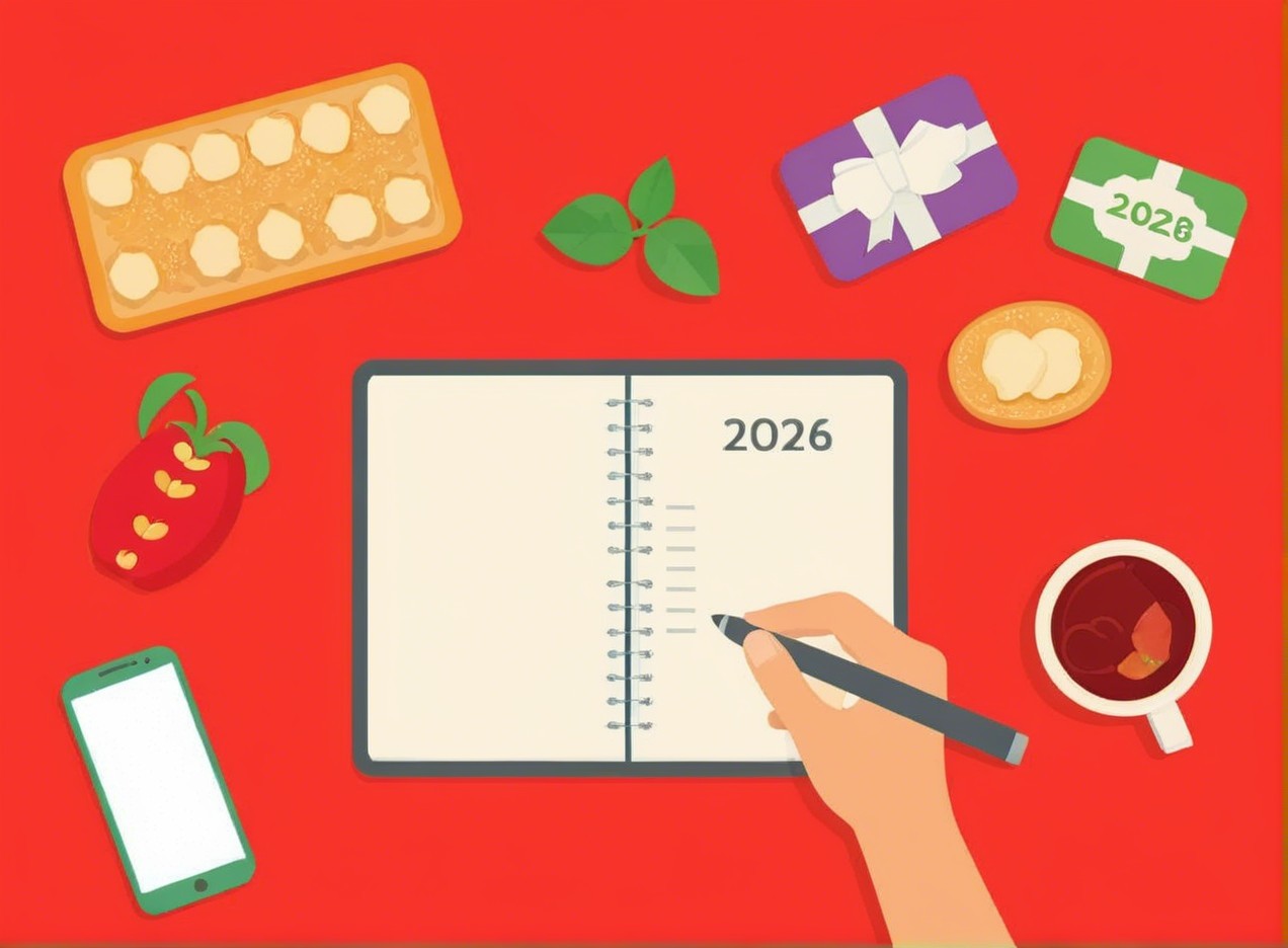 Coral Red Desk Scene with Notebook and Various Items