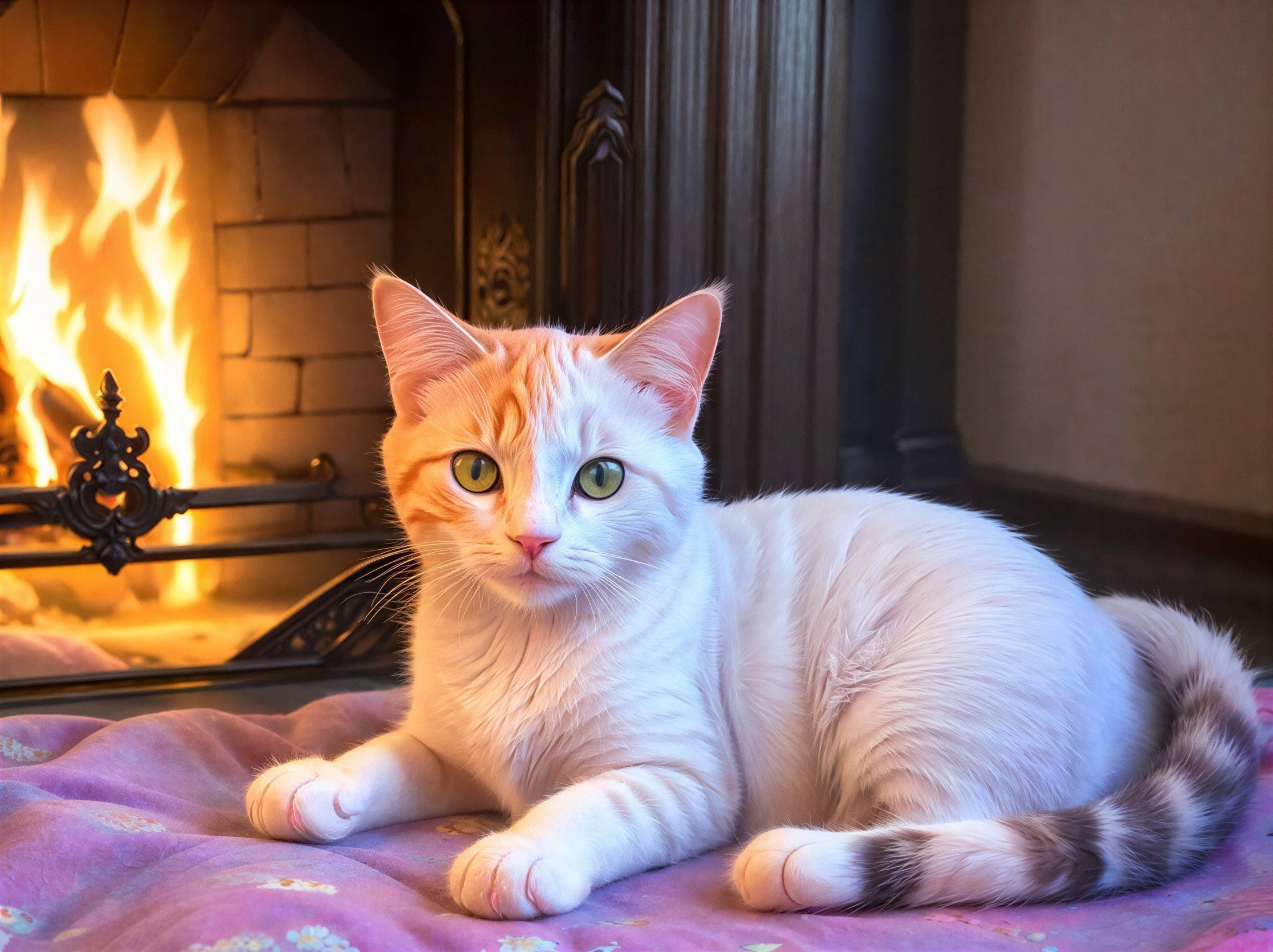 Close-up of a white and ginger cat on a blanket
