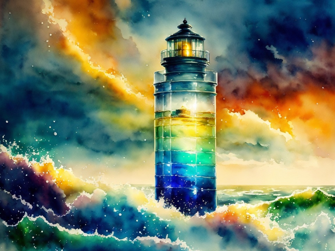 Vibrant Watercolor of Lighthouse Amid Stormy Sea