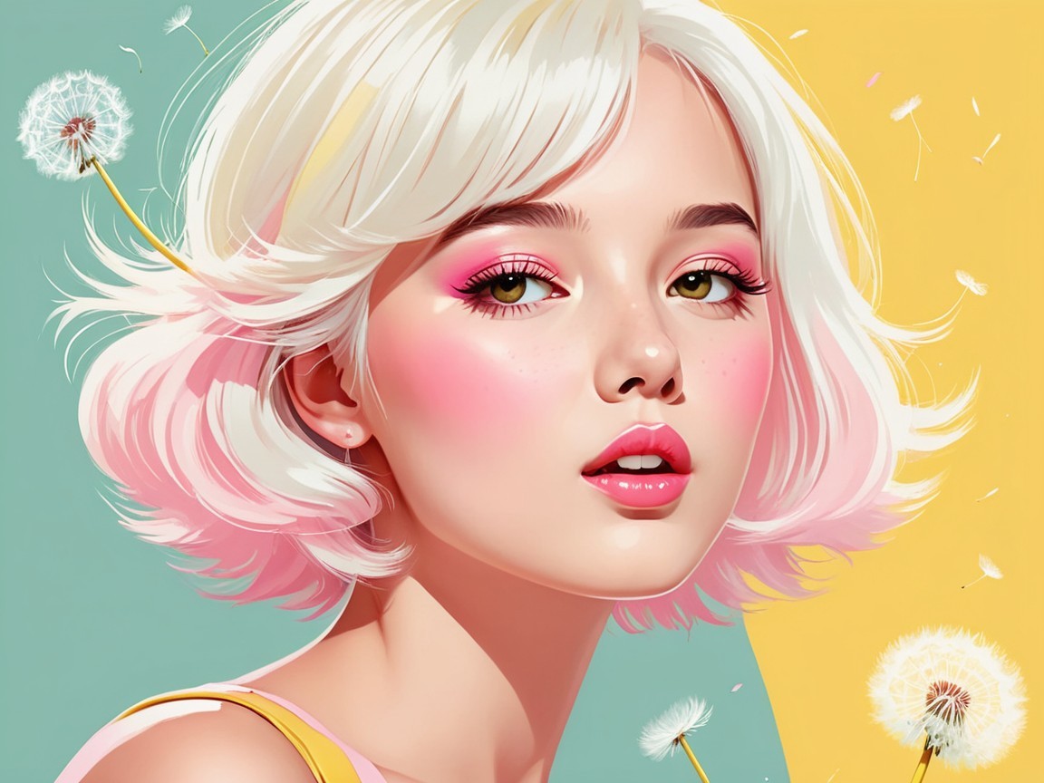 Illustrated portrait of a young woman with pastel hair