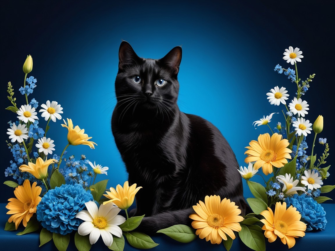 Elegant Black Cat with Blue Eyes on Vibrant Background