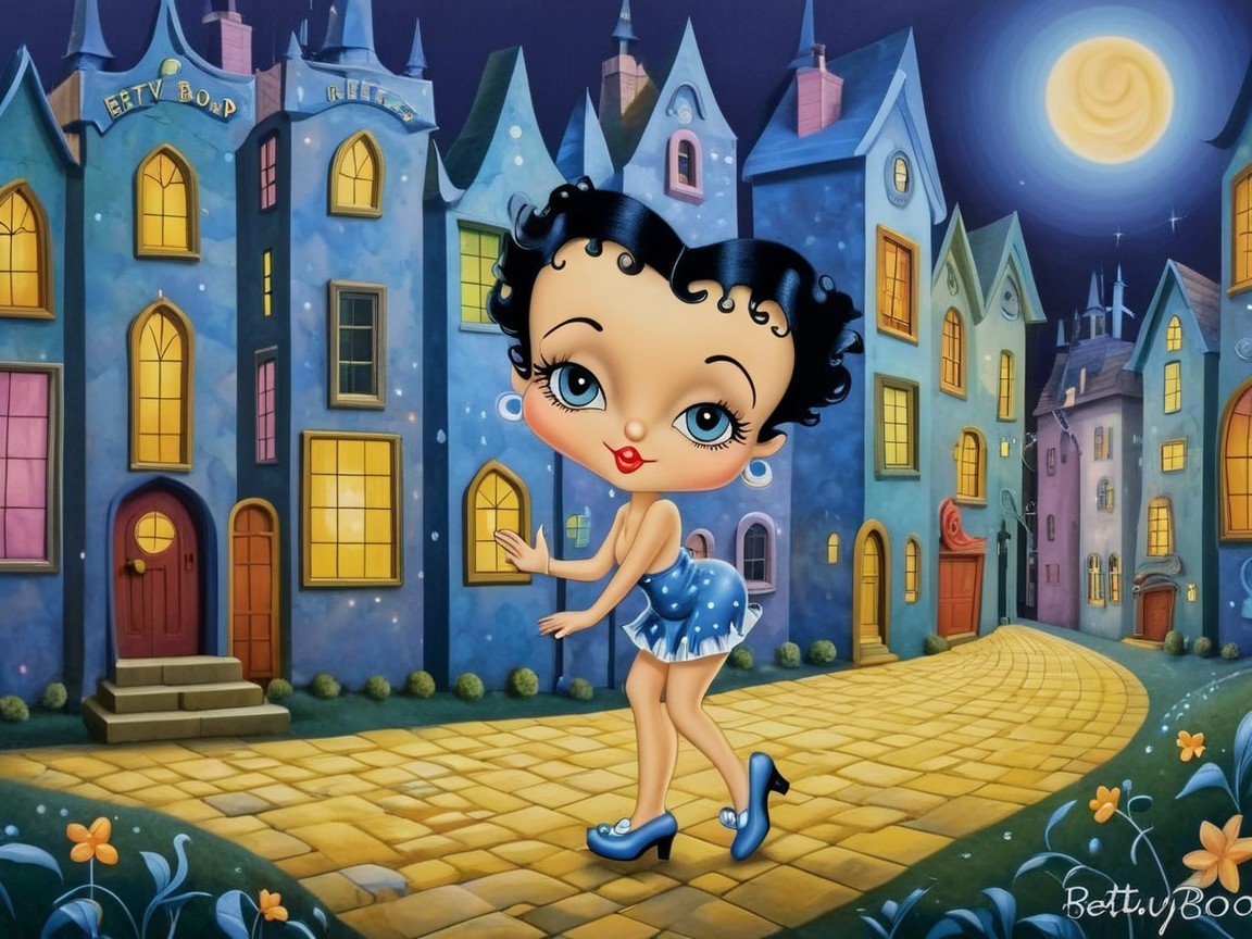 Playful Cartoon Character on Cobblestone Street