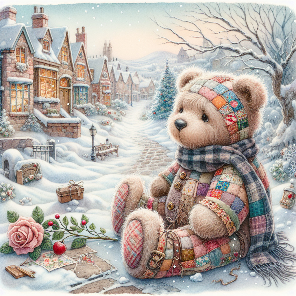 Patchwork Teddy Bear in Snowy Village Scene