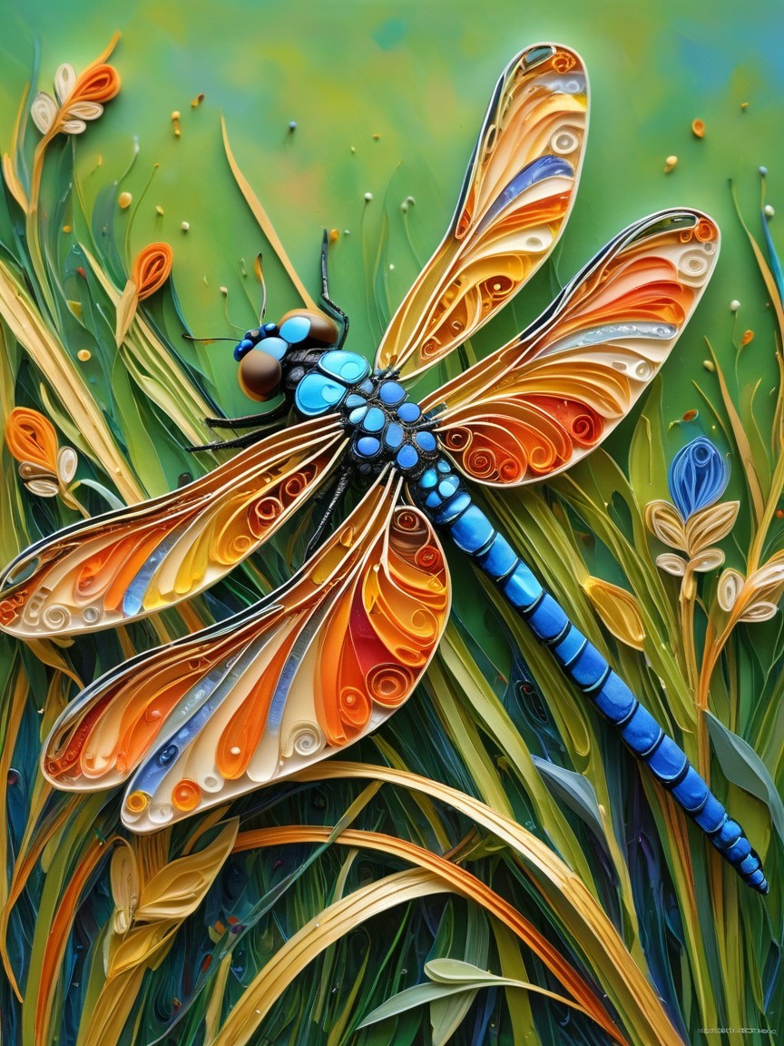 Vibrant Quilling Art of a Dragonfly in Green Foliage