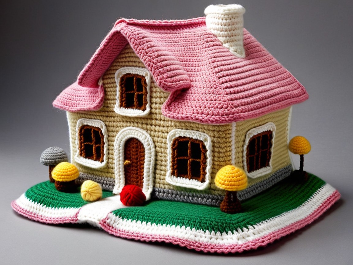Crocheted House with Yarn Details and Pink Roof