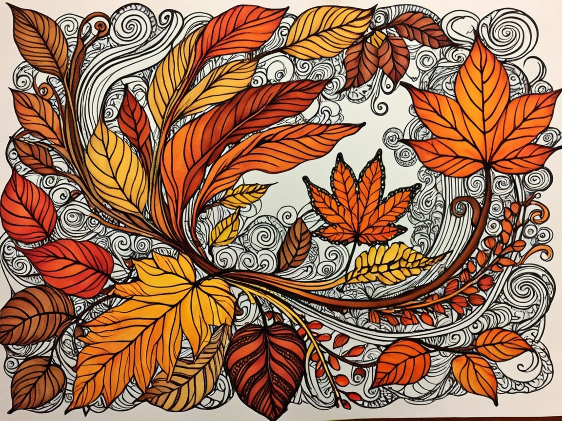 Abstract Line Art of Autumn Leaves in Vibrant Colors