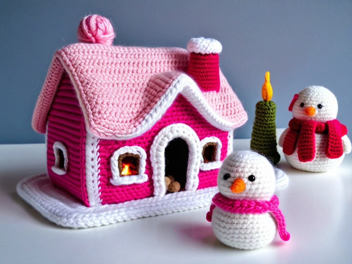 Crochet Winter Holiday Scene with Snowmen and House