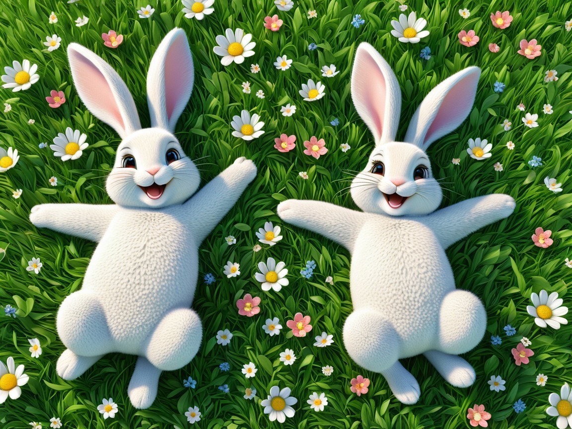 Cartoon Bunnies Relaxing in a Flower-Filled Field