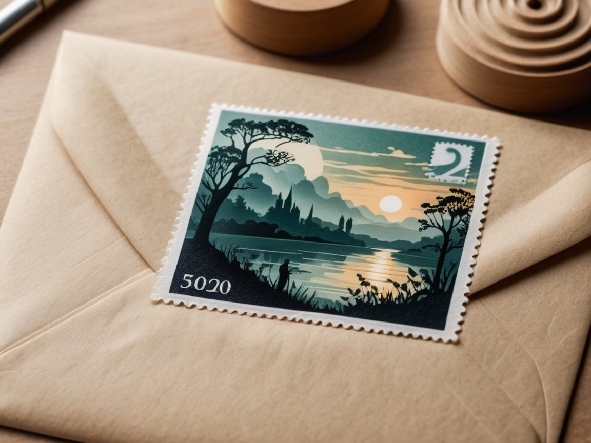 Vintage Stamp Depicting Sunset Landscape Scene