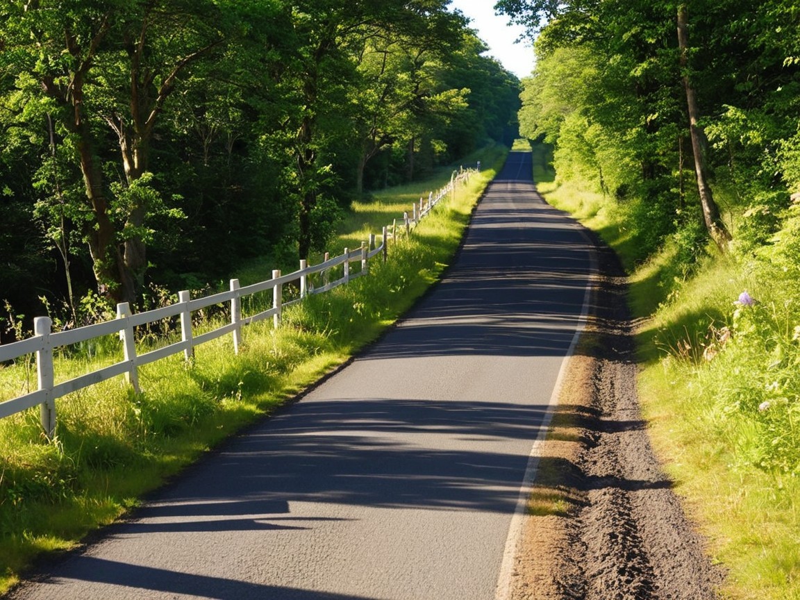 Winding Road Through Lush Green Landscape and Fencing