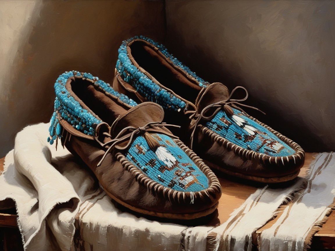 Leather Moccasins with Turquoise Beadwork Detail