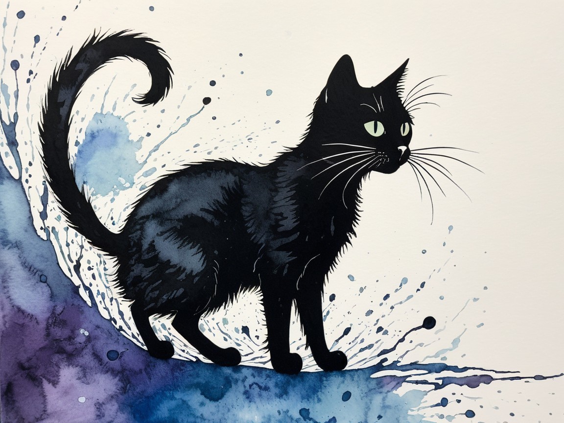 Black Cat on Colorful Watercolor Background