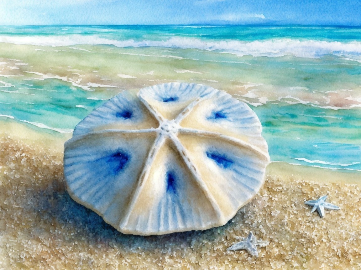 Watercolor of Seashell and Starfishes on Beach