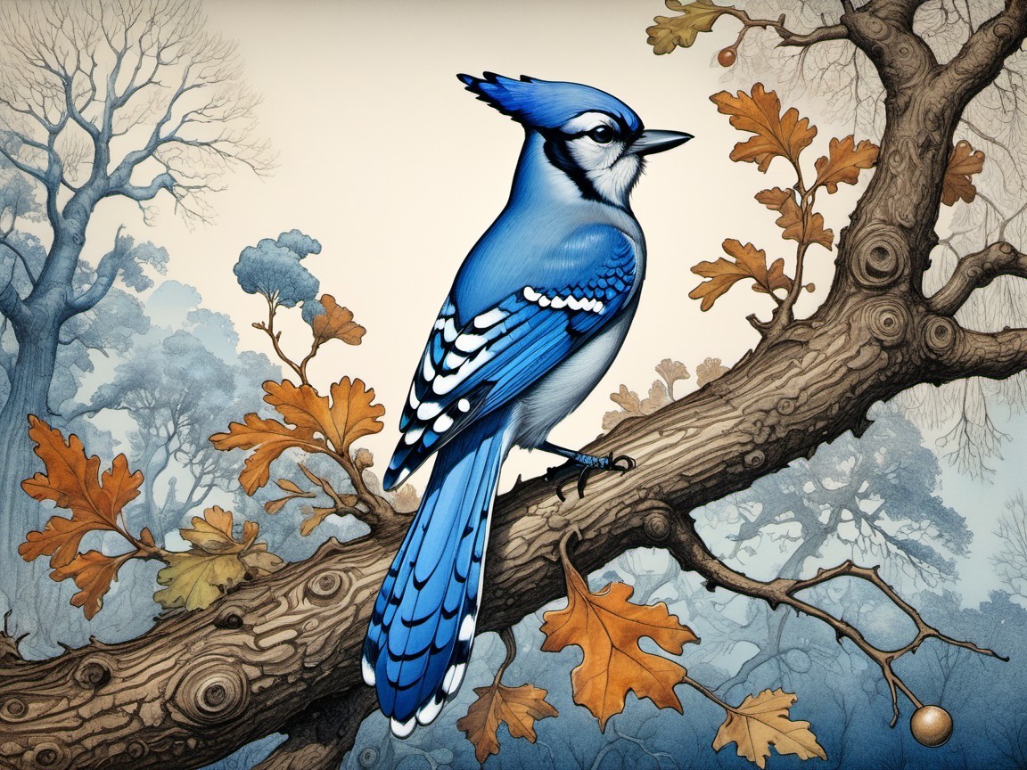 Blue Jay on Oak Branch with Autumn Leaves