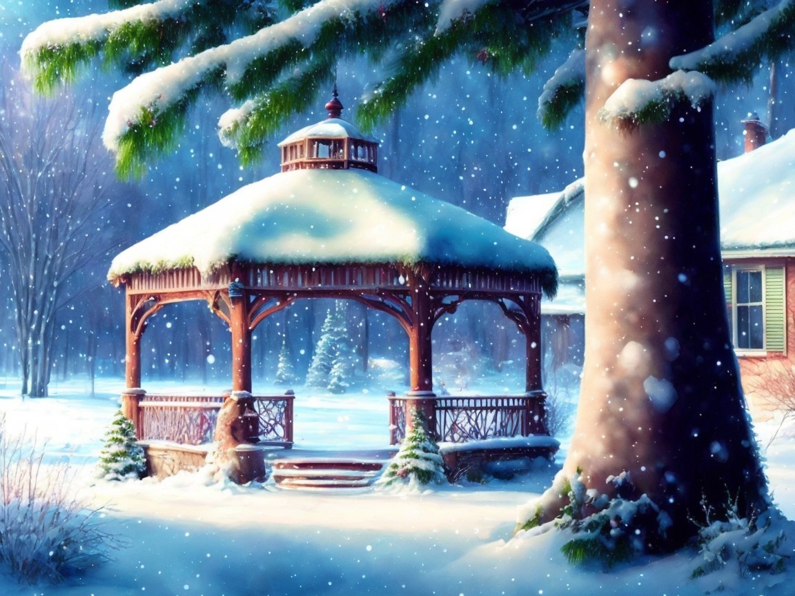 Serene winter scene with gazebo and snow-covered trees