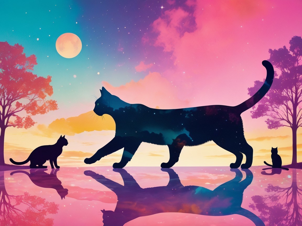 Digital Illustration of Cat Silhouettes and Moonlit Sky