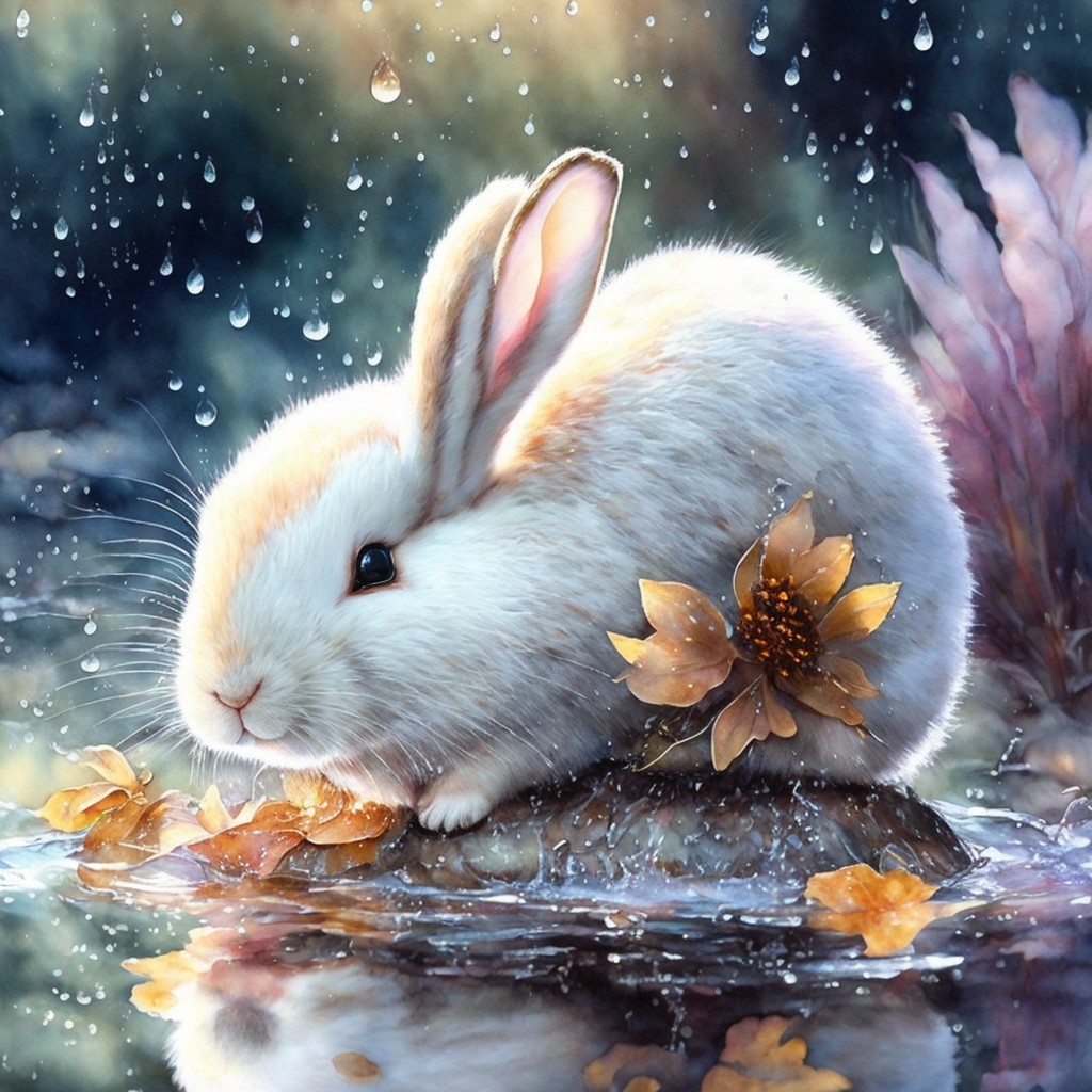 Fluffy White and Beige Rabbit in a Rainy Forest Scene