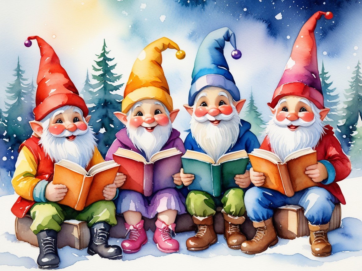 Gnomes Reading in a Snowy Winter Landscape
