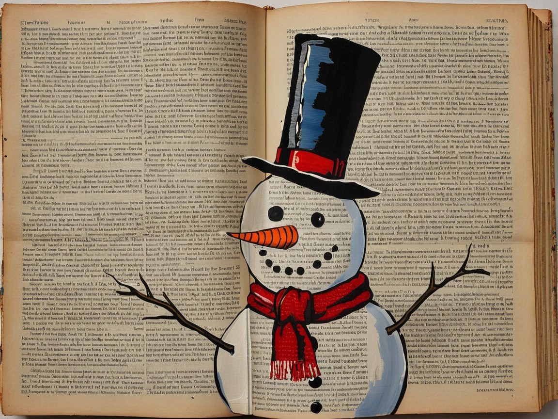 Snowman in Front of Open Book with Text Pages