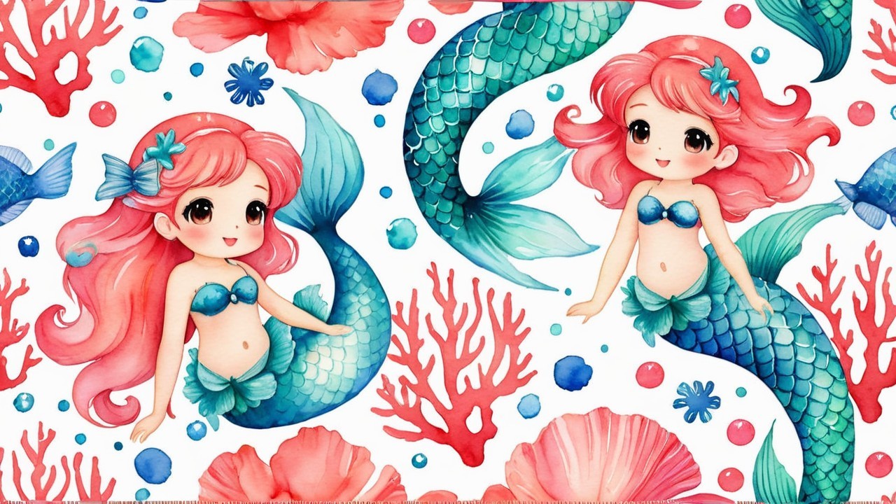 Whimsical Kawaii-Style Underwater Scene with Mermaids