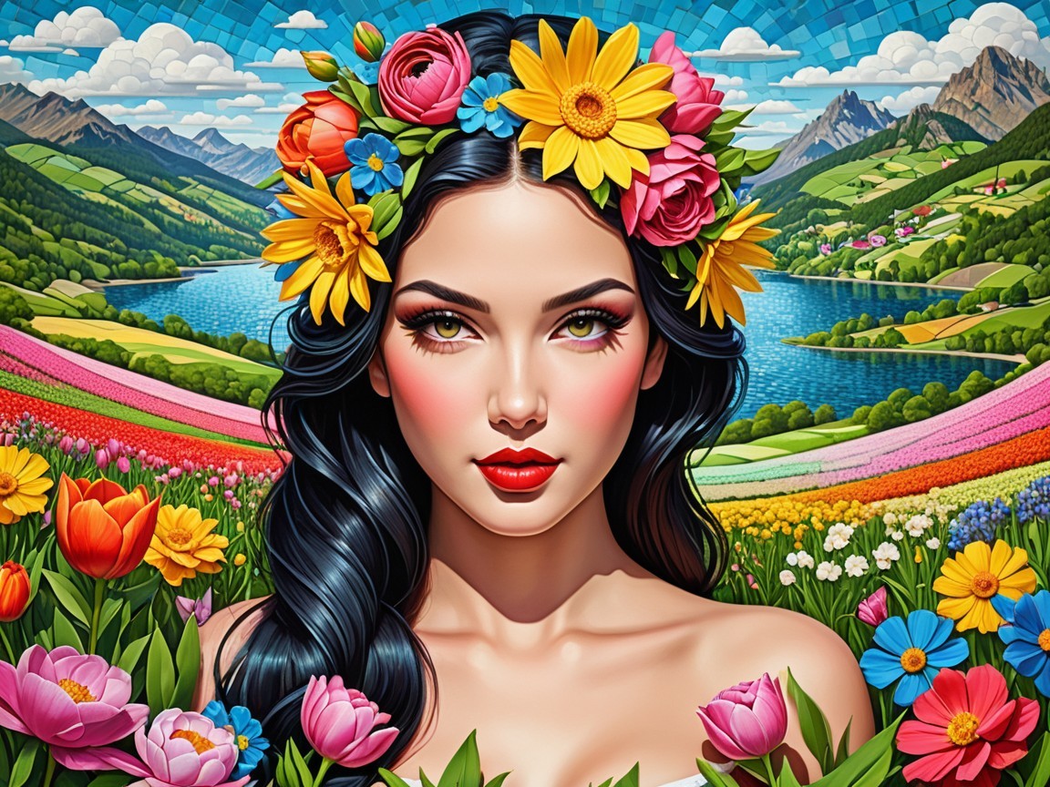 Woman with Floral Crown in Lush Spring Landscape