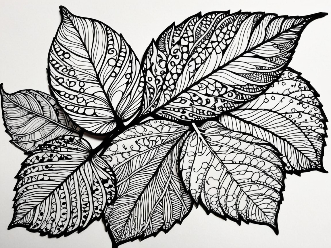Intricate Black and White Zentangle Leaf Drawing