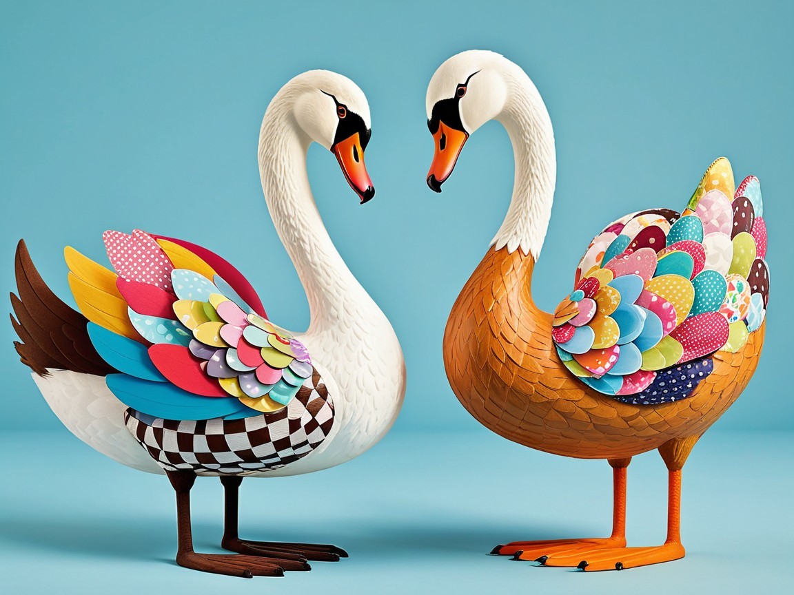 Stylized Swans with Colorful Patterns on Blue Background