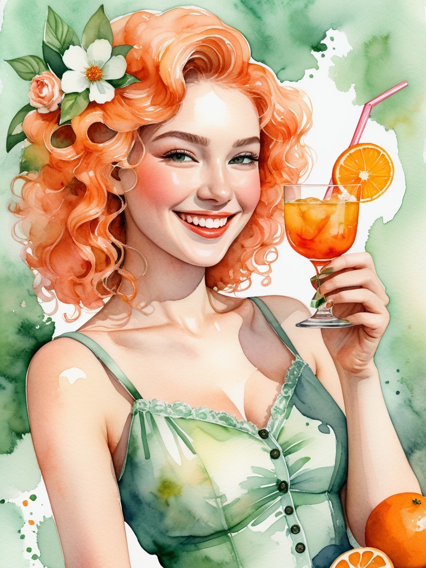 Watercolor Portrait of a Smiling Woman with Oranges