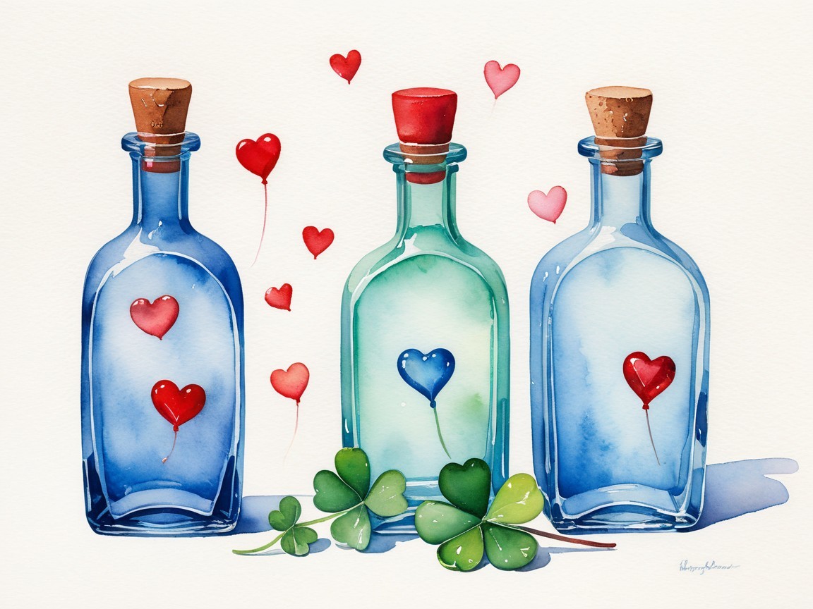 Watercolor Bottles with Four-Leaf Clovers and Balloons