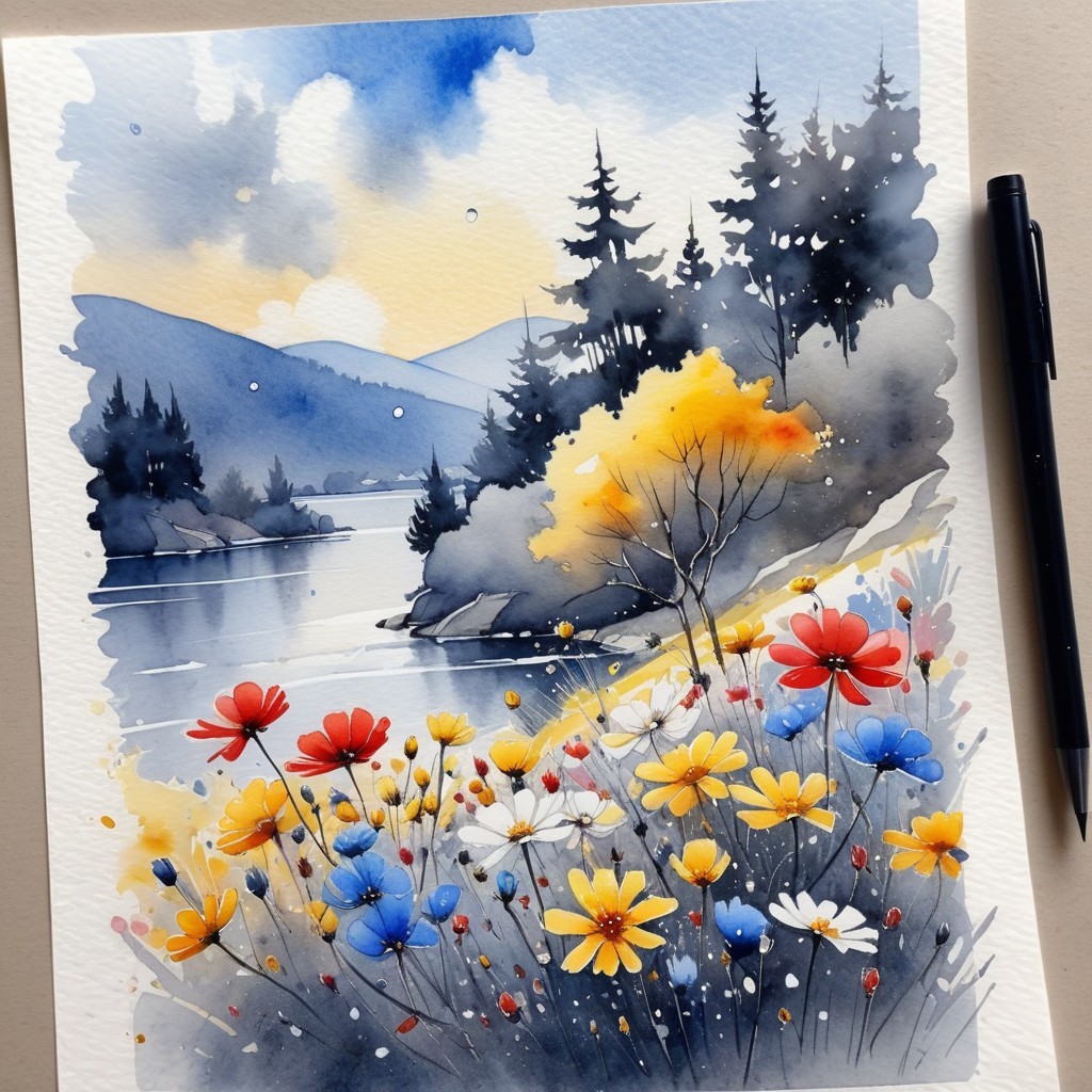 Watercolor Landscape with River and Wildflowers