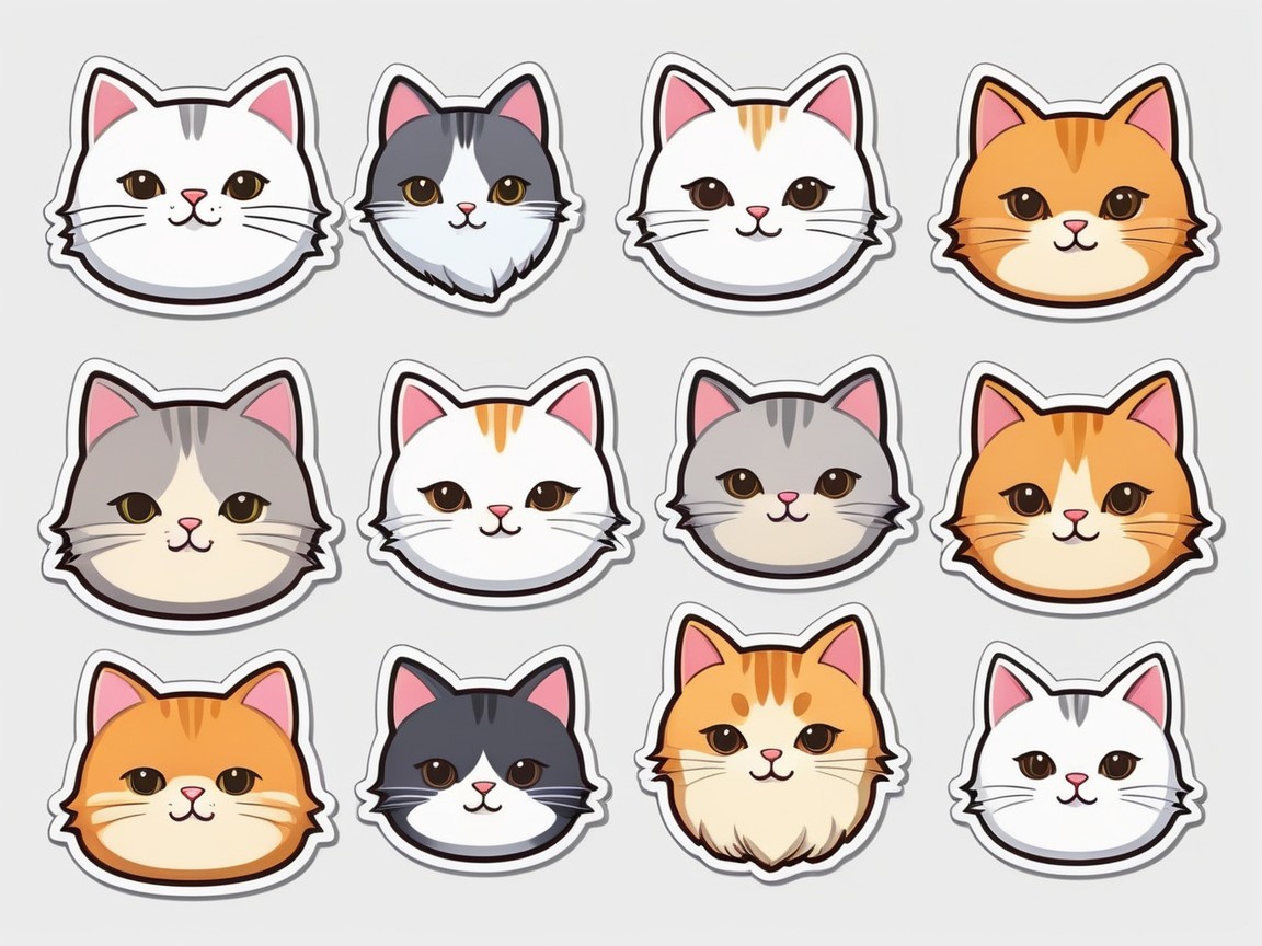 Collection of 12 Cartoon Cat Face Stickers