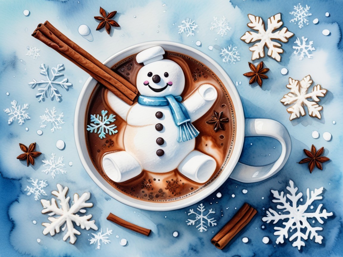 Whimsical Watercolor Illustration of Hot Chocolate Snowman